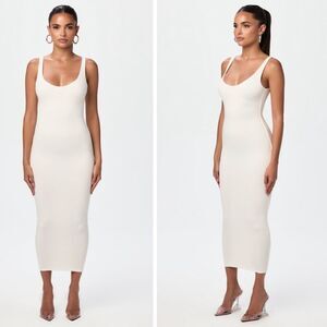 Naked Wardrobe White Stretch Ribbed Midi Dress